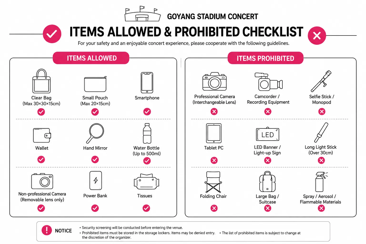 Goyang Stadium concert permitted and prohibited items checklist