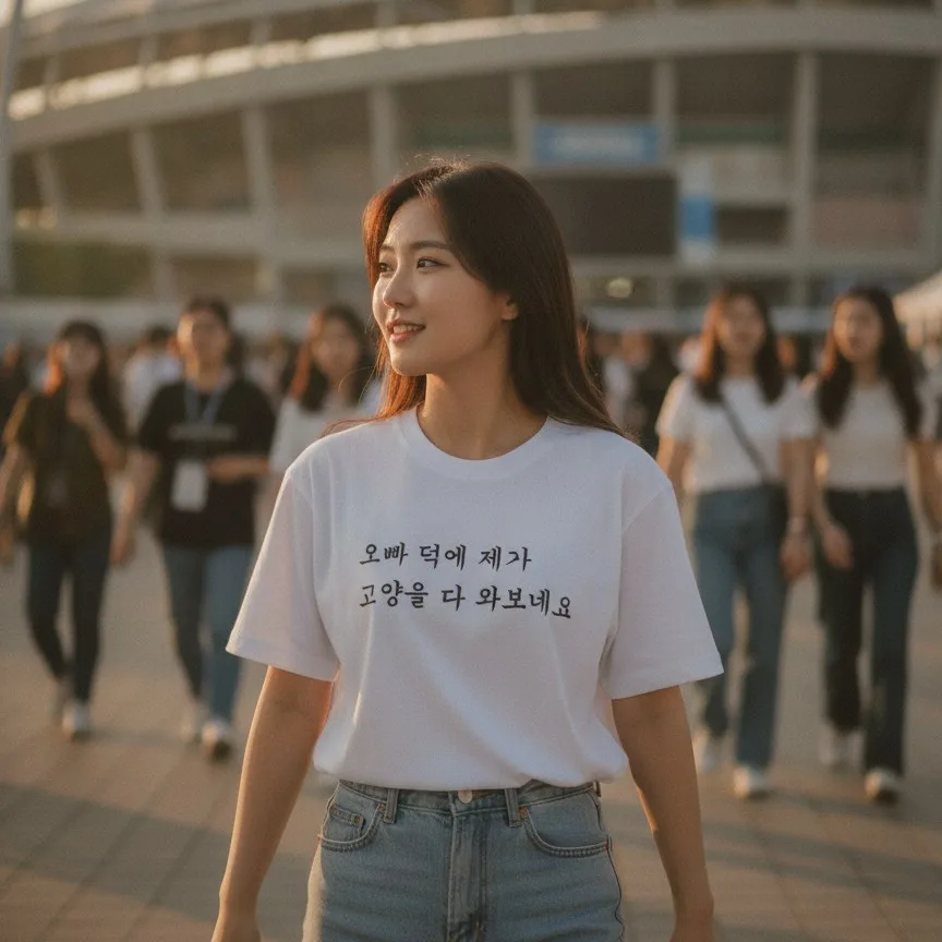 고양콘 티셔츠 — "오빠 덕에 제가 고양을 다 와보네요"가 인쇄된 흰색 티셔츠를 입고 공연장 앞에 선 관객. 마플샵에서 보기.